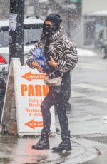 IRINA SHAYK in a Zebra Puffer Jacket on a Snowy Day in New York 02/22/2021