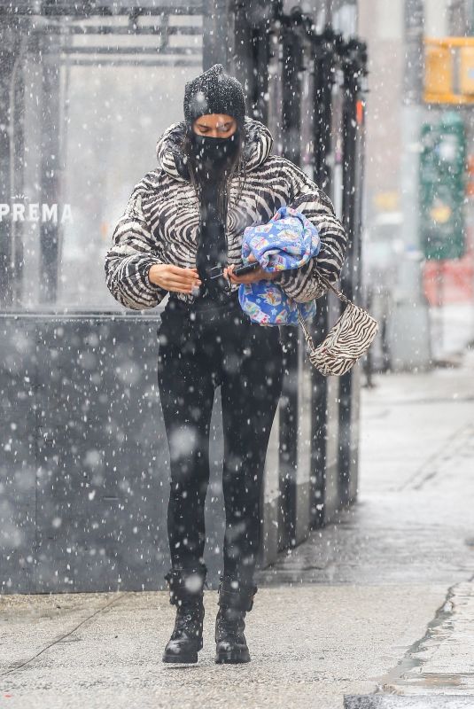 IRINA SHAYK in a Zebra Puffer Jacket on a Snowy Day in New York 02/22/2021