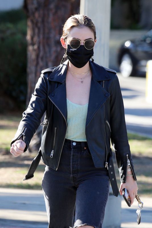LUCY HALE in Ripped Denim Out for Coffee in Los Angeles 02/26/2021