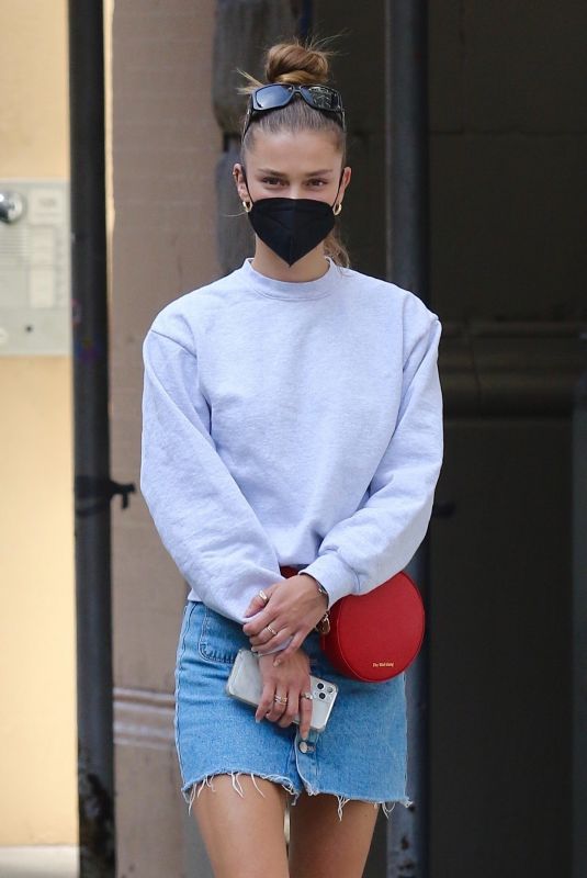 NINA AGDAL in Denim Skirt Out in New York 03/27/2021