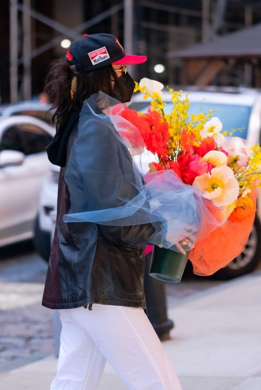 BELLA HADID with a Huge Bouquet of Flowers Out in New York 04/23/2021