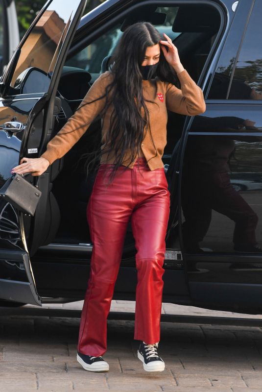 KOURTNEY KARDASHIAN in a Red Leather Pants at Nobu in Malibu 04/05/2021