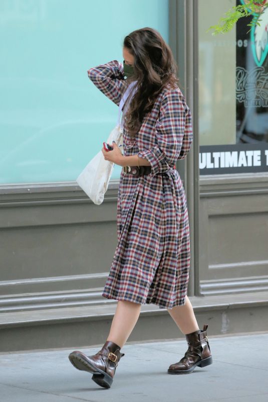 KATIE HOLMES in a Plaid Dress and Boots Out in New York 05/25/2021
