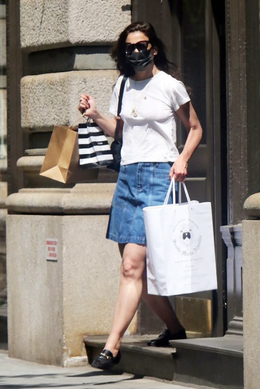 KATIE HOLMES in Denim Skirt Out Shopping in New York 05/21/2021