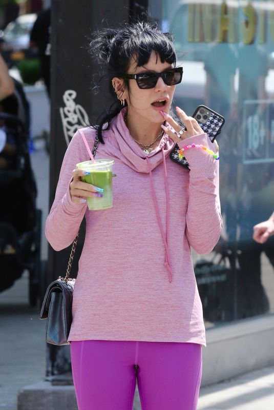 LILY ALLEN in a Pink Sweater and Purple Leggings Out in New York 05/20/2021