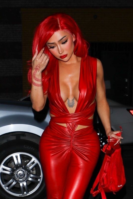 NIKITA DRAGUN in a Red Leather Jumpsuit Night Out in Los Angeles 05/28/2021