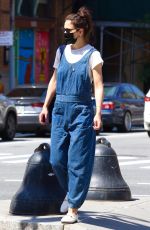 KATIE HOLMES in a Blue Overalls Out in New York 6/05/2021