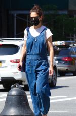 KATIE HOLMES in a Blue Overalls Out in New York 6/05/2021