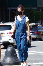KATIE HOLMES in a Blue Overalls Out in New York 6/05/2021