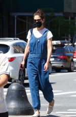 KATIE HOLMES in a Blue Overalls Out in New York 6/05/2021