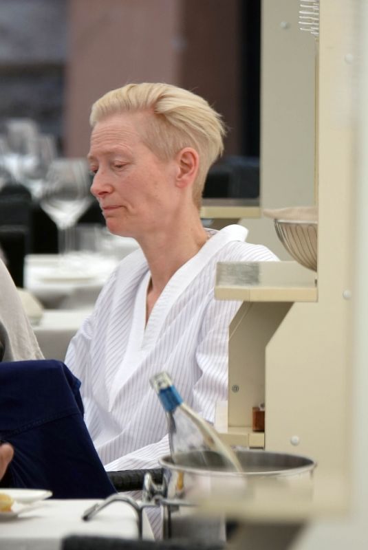 TILDA SWINTON at a Restaurant in Rome 06/25/2021
