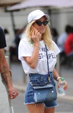 DILETTA LEOTTA in Denim SHorts Out in Milan 07/14/2021