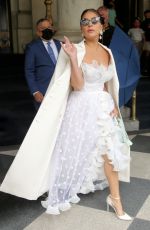 LADY GAG in a White Lace and Ruffle Dress Leaves Plaza Hotel in New York 07/01/2021