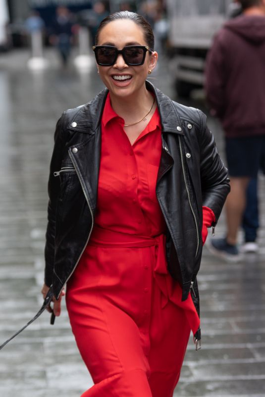 MYLEENE KLASS in a Red Dress Arrives at Global Studios in London 07/12/2021