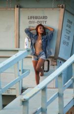 NORA KYZY in Denim Jacket and Shorts for 138 Water in Malibu 08/29/2021