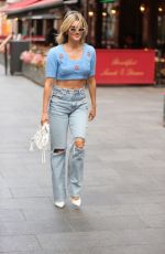 ASHLEY ROBERTS in a Crochet Knitted Top and Ripped Denim at Heart Radio in London 09/28/2021