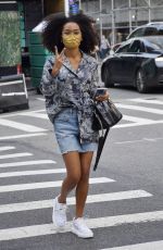 YARA SHAHIDI in Denim Shorts Out on Madison Avenue in New York 09/12/2021