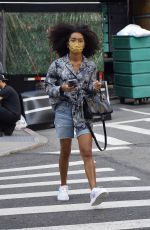 YARA SHAHIDI in Denim Shorts Out on Madison Avenue in New York 09/12/2021