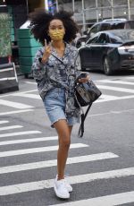 YARA SHAHIDI in Denim Shorts Out on Madison Avenue in New York 09/12/2021