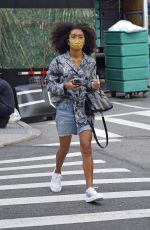 YARA SHAHIDI in Denim Shorts Out on Madison Avenue in New York 09/12/2021