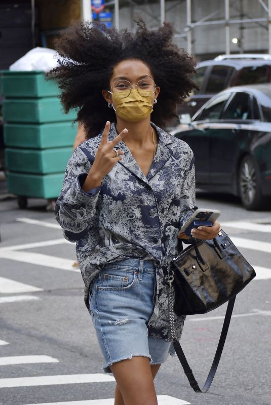 YARA SHAHIDI in Denim Shorts Out on Madison Avenue in New York 09/12/2021