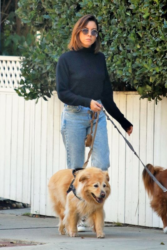 AUBREY PLAZA Out with Her Dogs in Los Feliz 10/19/2021
