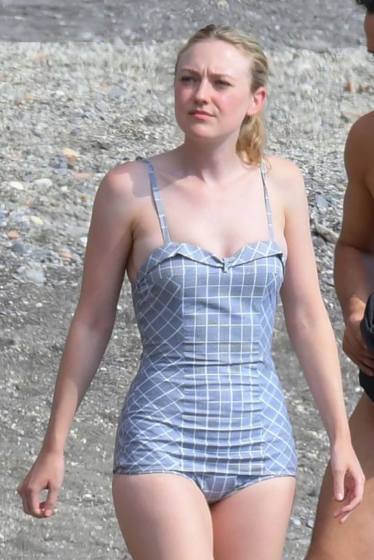 DAKOTA FANNING in a Retro Swimsuit on the Set of Ripley on Amalfi Coast 10/20/2021