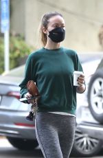 OLIVIA WILDE in a Green Sweater Top and Grey Leggings Out for Coffee in Los Feliz 10/22/2021