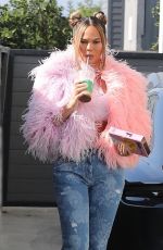 CHRISSY TEIGEN in a Pink Feathered Sweater and Denim Out in Los Angeles 11/09/2021