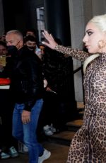 LADY GAGA In a Leopard Print Dress Leaves Her Hotel in Milan 11/13/2021