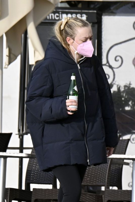 DAKOTA FANNING Holding a Bottle of Wine Out in Venice 01/22/2022