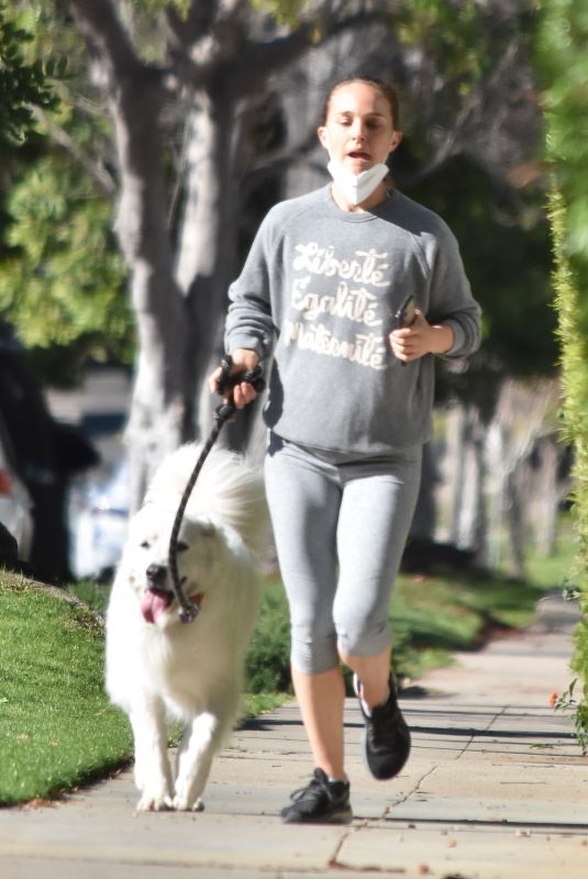 NATALIE PORTMAN Out Jogging with Her Dog in Los Feliz 01/24/2022