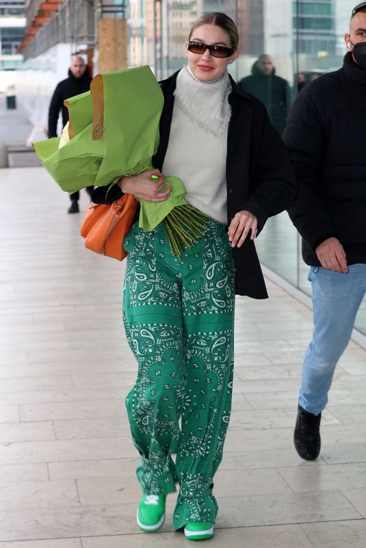 GIGI HADID Arrives at Versace Headquarters in Milan 02/24/2022