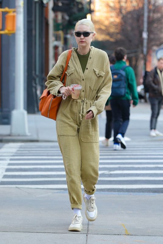 GIGI HADID in a Knitted Jumpsuit Out in New York 03/16/2022