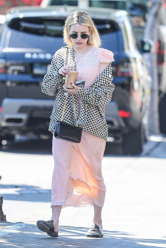 EMMA ROBERTS in a Pink Dress at Mauro Cafe in West Hollywood 04/13/2022