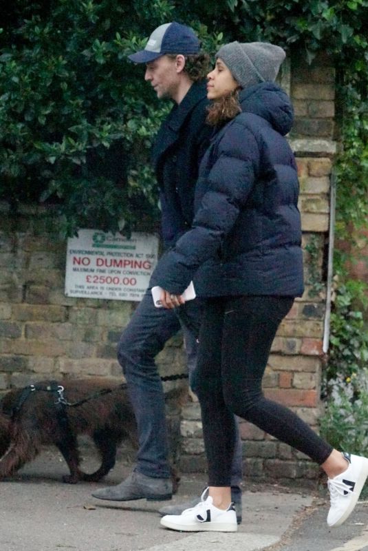 ZAWE ASHTON and Tom Hiddleston Out with Their Dog in London 04/29/2022