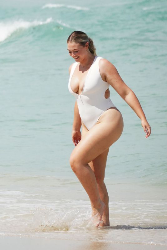 ISKRA LAWRENCE in a White Swimsuit at a Photoshoot in Miami Beach 06/04/2022