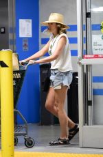 ELIZABETH OLSEN in Denim Shorts Shopping at Whole Foods in Los Angeles 07/07/2022