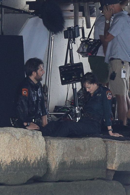 DAKOTA JOHNSON and Adam Scott on the Set of Madame Web in Boston 08/09/2022