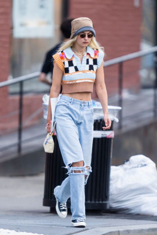 GIGI HADID in Ripped Denim Out in New York 08/03/2022
