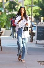 MAYA JAMA Out in Denim and Oversized White Shirt in New York 08/23/2022