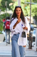 MAYA JAMA Out in Denim and Oversized White Shirt in New York 08/23/2022