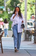 MAYA JAMA Out in Denim and Oversized White Shirt in New York 08/23/2022