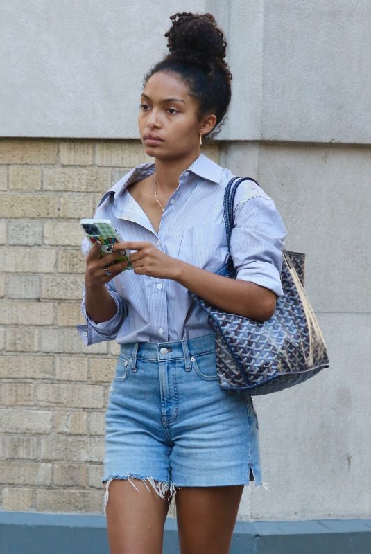 YARA SHAHIDI in Denim Shorts Out in New York 08/13/2022