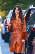 EMILY RATAJKOWSKI Out in a Long Brown Leather Overcoat in New York 10/14/2022