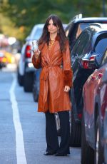 EMILY RATAJKOWSKI Out in a Long Brown Leather Overcoat in New York 10/14/2022