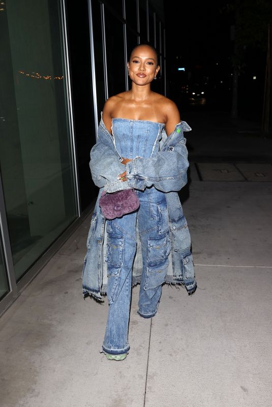 KARRUECHE TRAN in All Denim Outfit at Mr. T Restaurant in Hollywood 10/12/2022