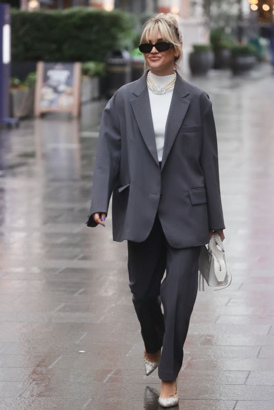 ASHLEY ROBERTS in a Grey Trouser Suit Out in London 01/04/2023