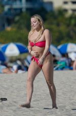 TANA MOGEAU in a Red Bikini at a Beach in Miami 01/12/2023