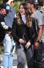 ALISON BRIE and Danny Pudi Filming a Skit for Carpool Karaoke in Los Angeles 02/03/2023